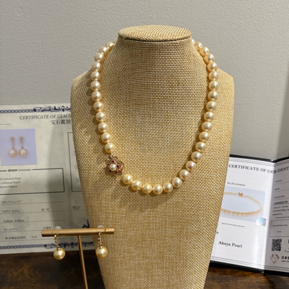 Japan Akoya Pearls Necklace with K14 14K real gold clasp  natural rubies CERT